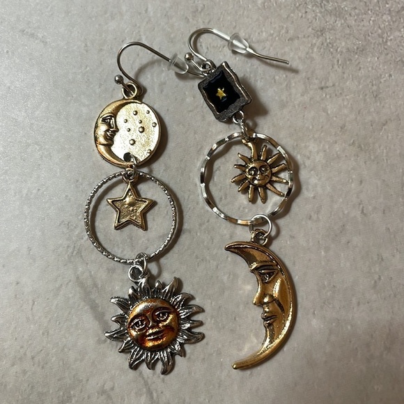 Bronze Moon Sun Asymmetrical Earrings - Picture 13 of 14